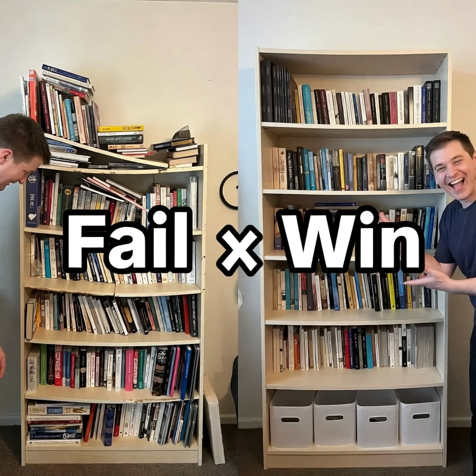 Sebelum dan sesudah transformasi rak buku IKEA dari yang semula kendur dan berantakan menjadi lebih kuat dan tertata dengan indah.