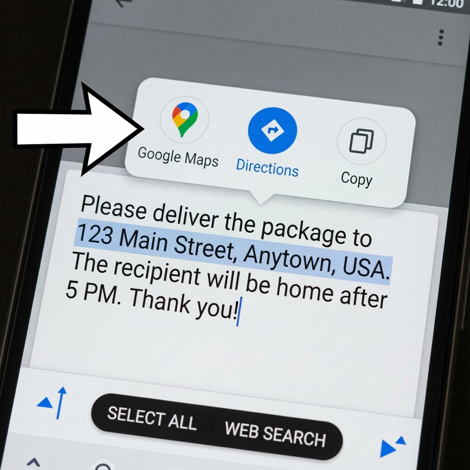 Inteligentny wybór tekstu w systemie Android rozpoznaje adres i oferuje otwarcie Map Google.