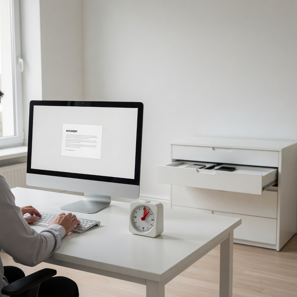 Skupiona przestrzeń robocza z telefonem w szufladzie, pojedynczym dokumentem na ekranie i zegarem pokazującym trwającą sesję pracy.