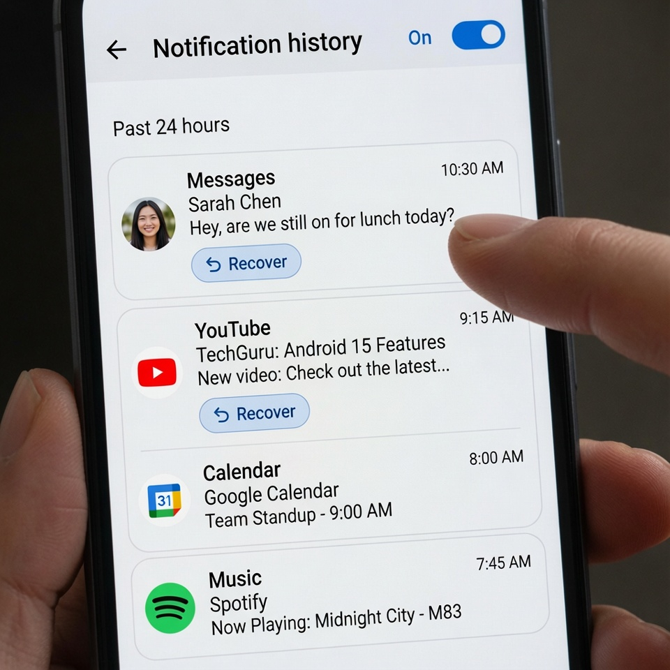Funkcja historii powiadomień systemu Android pokazuje ostatnio odrzucone powiadomienia, które można odzyskać.