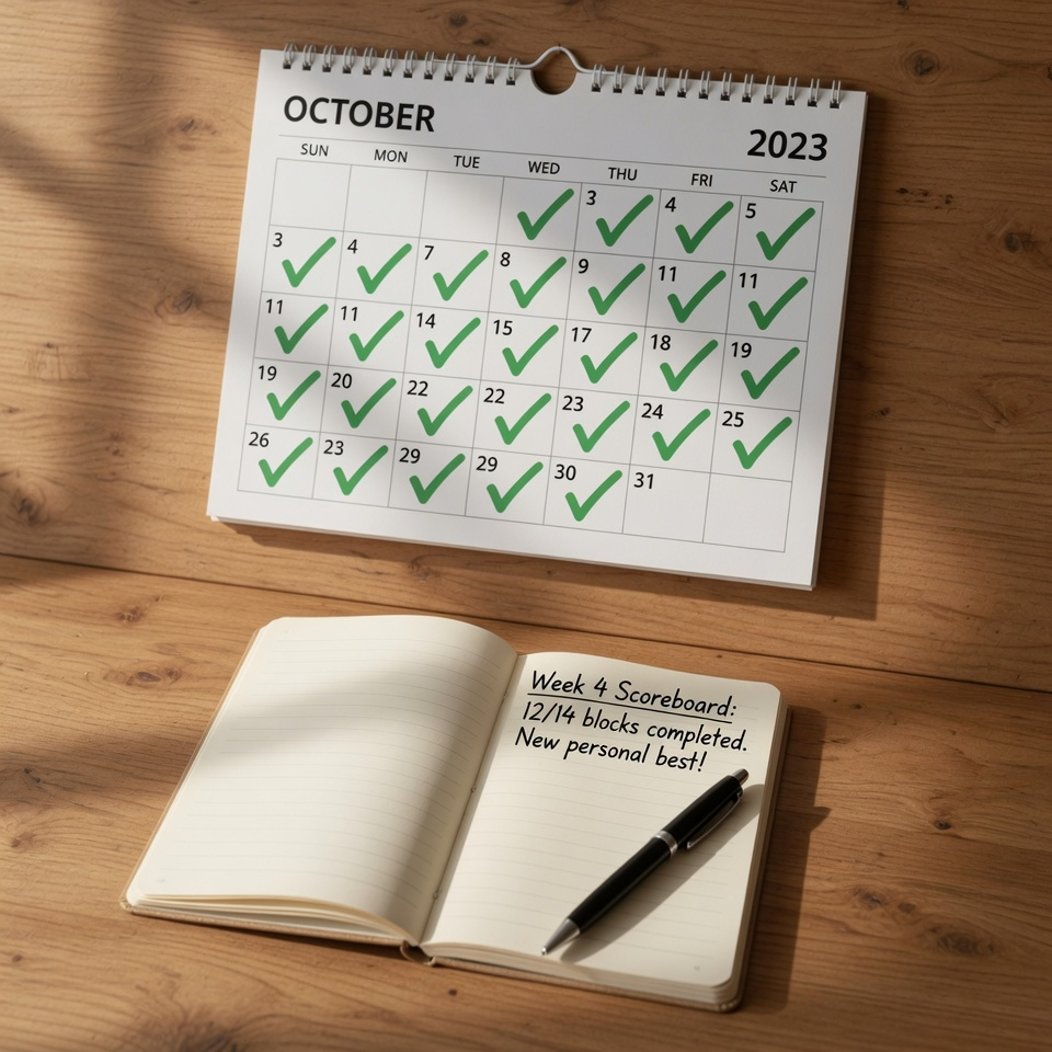 Miesięczny kalendarz działający jak tablica wyników głębokiej pracy, pokazujący długą serię zielonych znaczników wyboru dla ukończonych sesji skupienia.