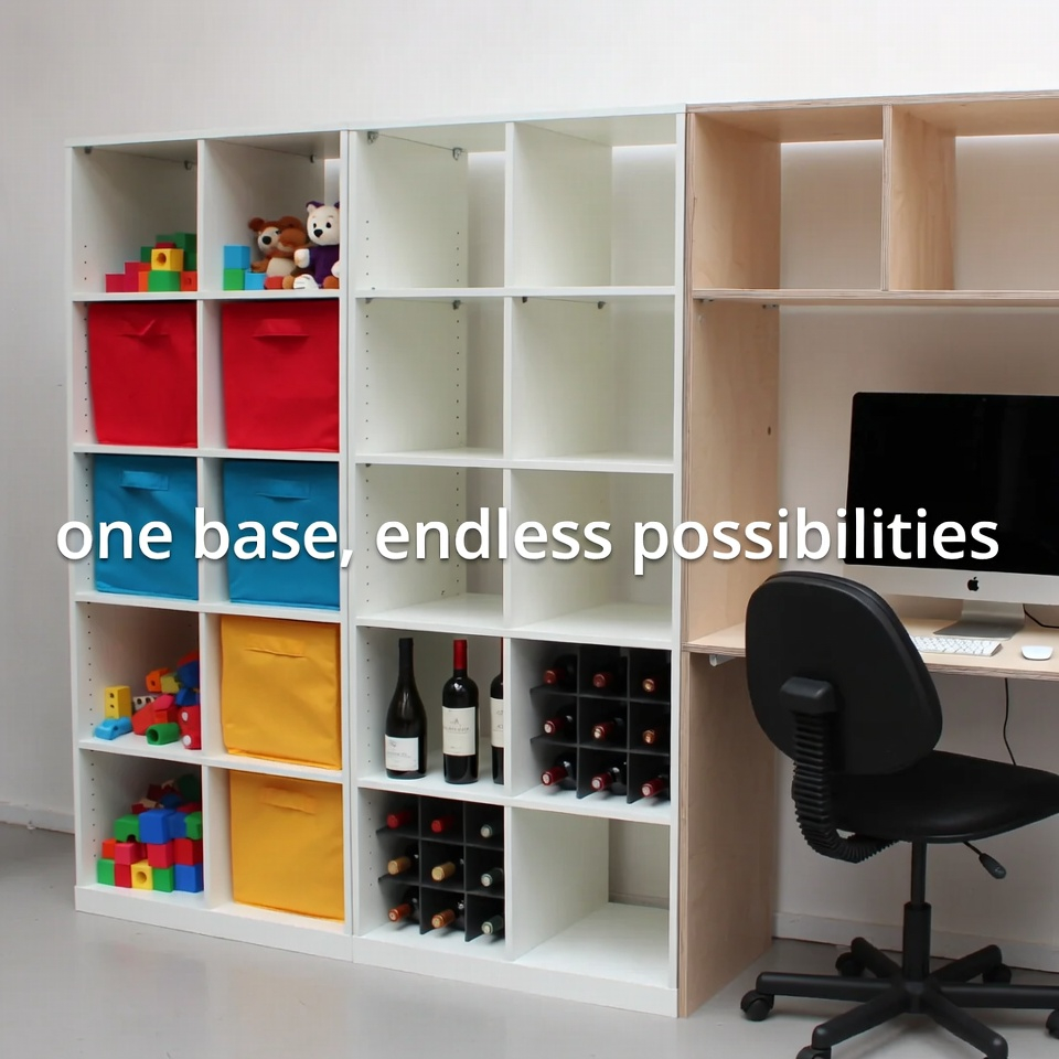 Tiga variasi dari unit rak IKEA yang sama yang disesuaikan untuk kebutuhan penyimpanan yang berbeda: mainan, anggur, dan meja.