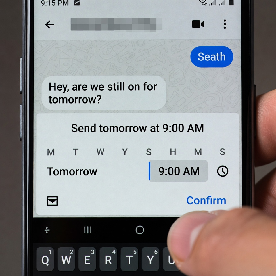 Funkcja zaplanowanych wiadomości tekstowych w systemie Android z możliwością wyboru kalendarza dla przyszłych dostaw.