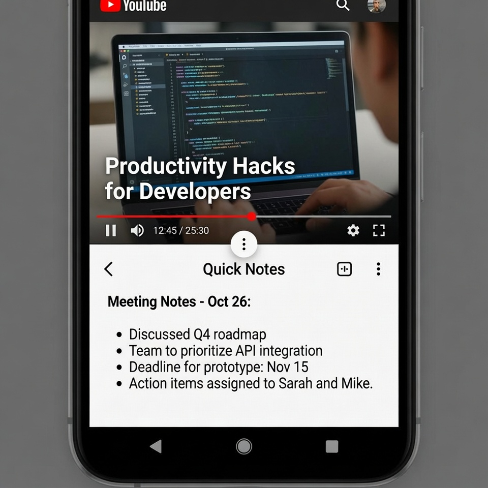 Wielozadaniowość na podzielonym ekranie Androida pokazująca YouTube i aplikację do notatek działające jednocześnie.