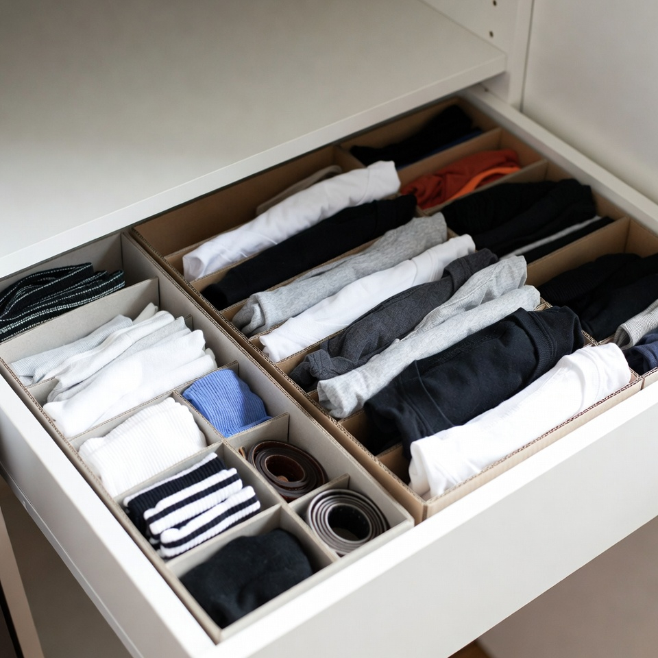 Laci lemari pakaian yang dalam diatur dengan pembatas buatan sendiri dan baki kecil, mengubah kekacauan IKEA menjadi teratur.