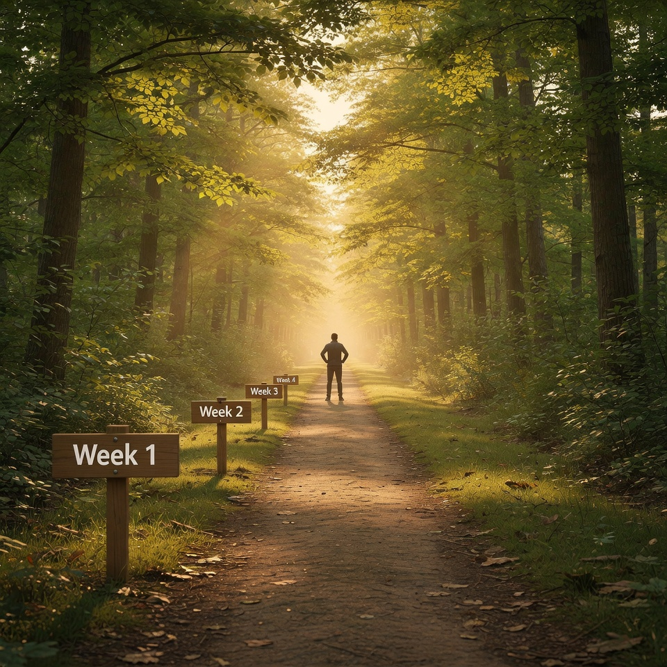 Metaforyczna podróż przez cztery tygodnie głębokiego wyzwania zawodowego, kończąca się w blasku skupienia i spełnienia.