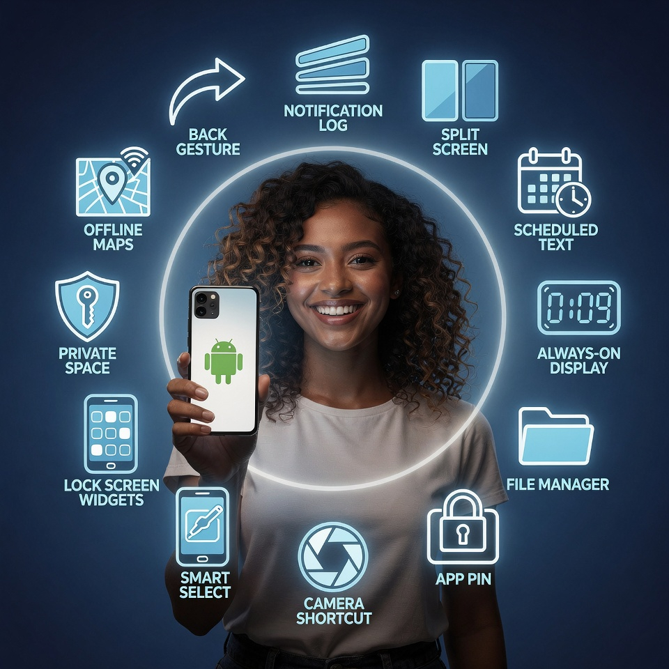 Osoba otoczona ikonami reprezentującymi 12 ukrytych funkcji Androida, celebrująca możliwości platformy.