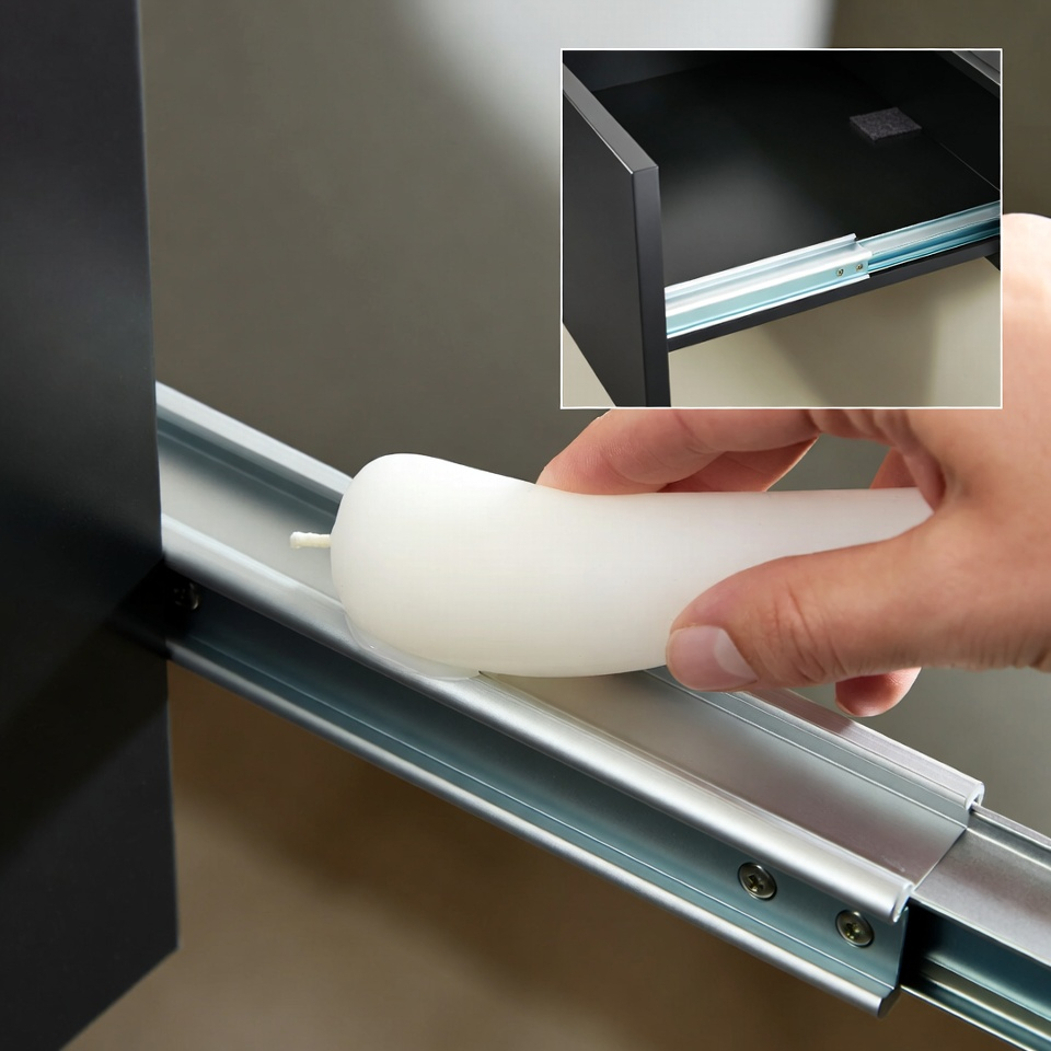 Foto close-up dari luncuran laci yang dilumasi dengan lilin untuk memperbaiki laci meja rias IKEA yang lengket.