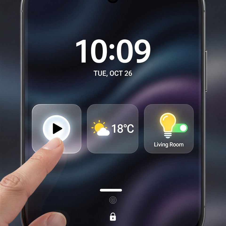 Ekran blokady Androida z konfigurowalnymi widżetami do muzyki, pogody i sterowania inteligentnym domem.