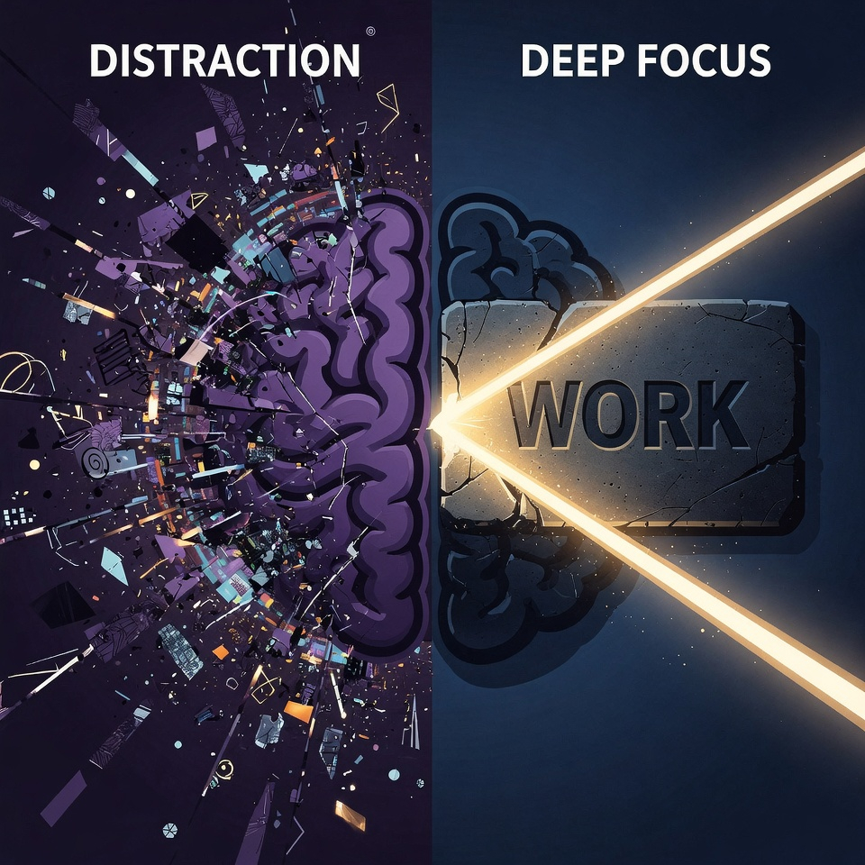Wizualna metafora mózgu pokazująca różnicę między rozproszoną uwagą a potężną, skoncentrowaną, głęboką pracą.