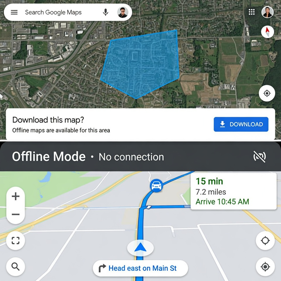 Pobieranie map offline w Mapach Google do nawigacji bez połączenia z Internetem.