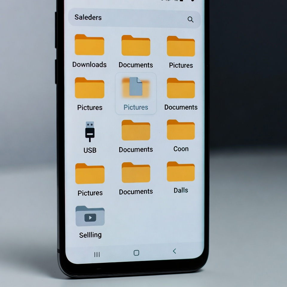 Natywny menedżer plików systemu Android wyświetlający foldery i podłączony zewnętrzny dysk USB.