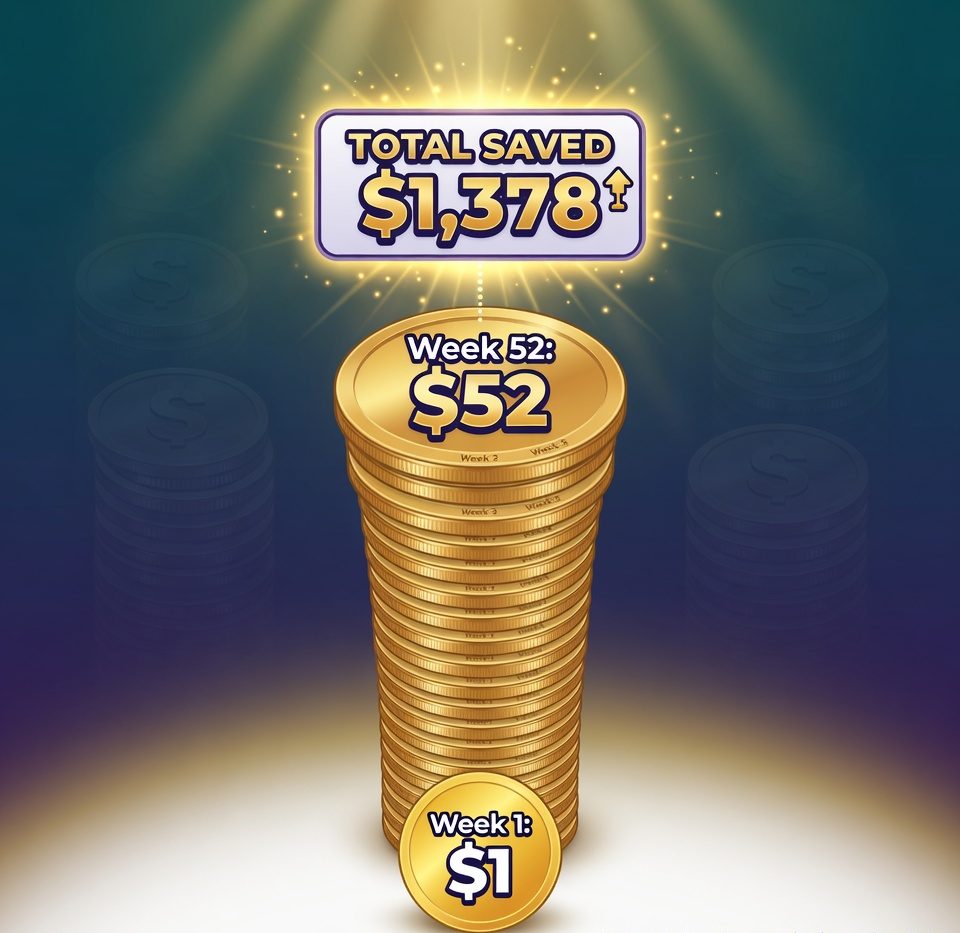 Infographic of the 52-Week Money Challenge showing weekly savings amounts increasing from $1 to $52, totaling $1,378.
