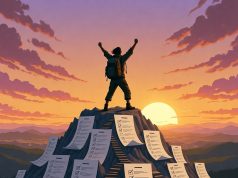 "Правило двох хвилин", яке назавжди зупинить вашу прокрастинацію Людина стоїть на горі заповнених чек-листів і виконаних завдань, дивлячись на схід сонця над горизонтом.