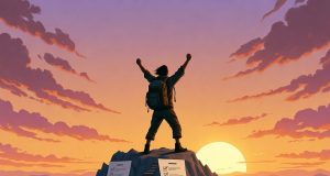 Pravidlo dvou minut, které nadobro zastaví vaši prokrastinaci Člověk stojící na hoře vyplněných kontrolních seznamů a splněných úkolů a hledící k východu slunce nad obzorem.