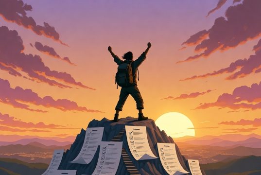 Die "Zwei-Minuten-Regel", die Ihre Prokrastination für immer beenden wird Eine Person, die auf einem Berg von ausgefüllten Checklisten und erledigten Aufgaben steht und auf den Sonnenaufgang am Horizont blickt.