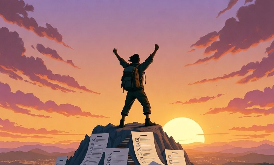 A person standing on a mountain of completed checklists and accomplished tasks, looking towards a sunrise over a horizon.
