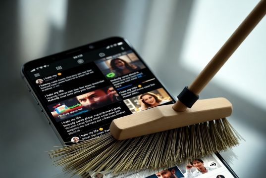 Detox Your Social Media Feed in 15 Minutes a Day Digital detox concept showing negative social media content being cleaned away