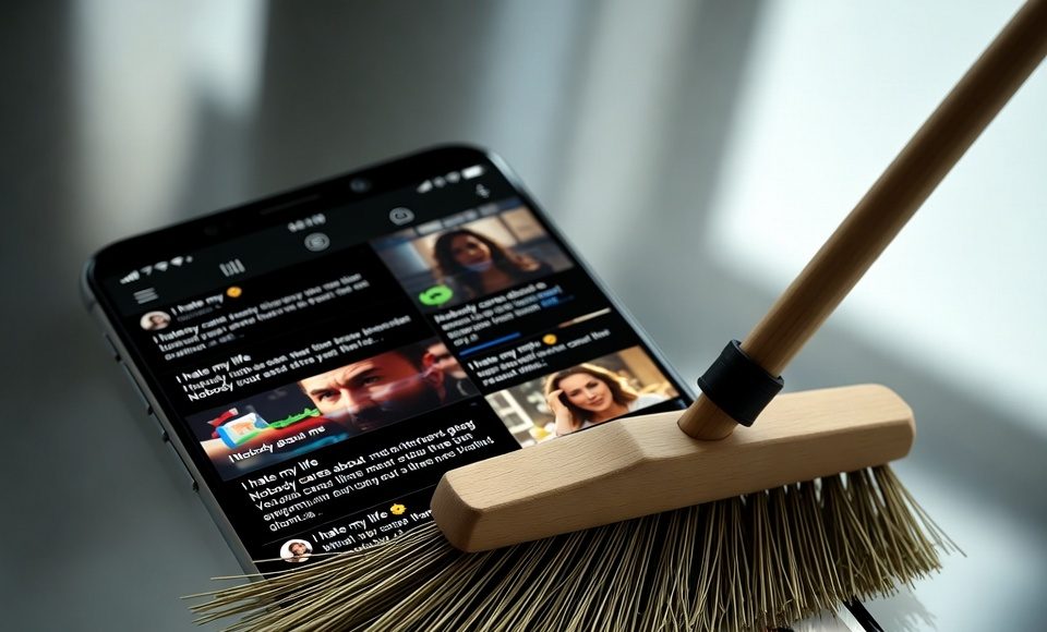 Digital detox concept showing negative social media content being cleaned away