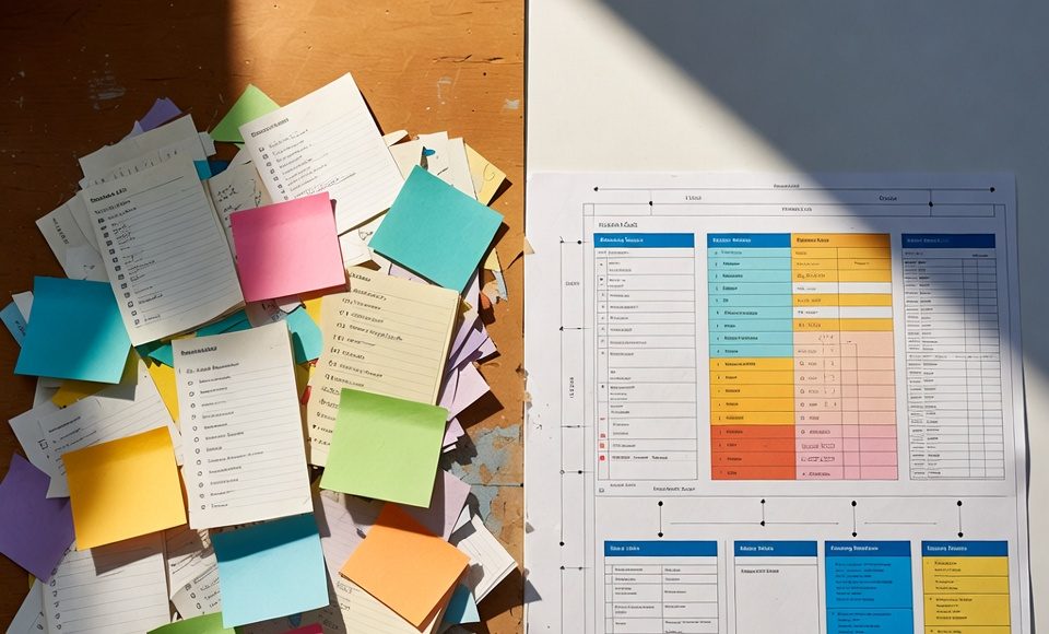A visual comparison between a disorganized to-do list and a structured, time-blocked daily schedule blueprint.