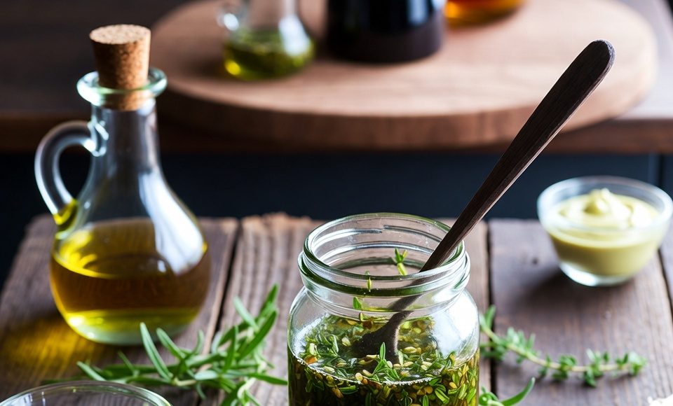 Homemade salad dressing in a mason jar with fresh ingredients like olive oil and herbs.