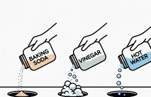 Use This Baking Soda Hack to Unclog Any Drain Without Chemicals. 🍋 Step-by-step illustrations showing the process of pouring baking soda, then vinegar, then hot water down a drain.
