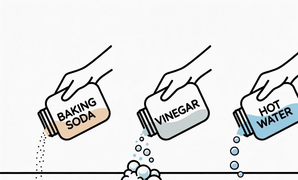 Step-by-step illustrations showing the process of pouring baking soda, then vinegar, then hot water down a drain.