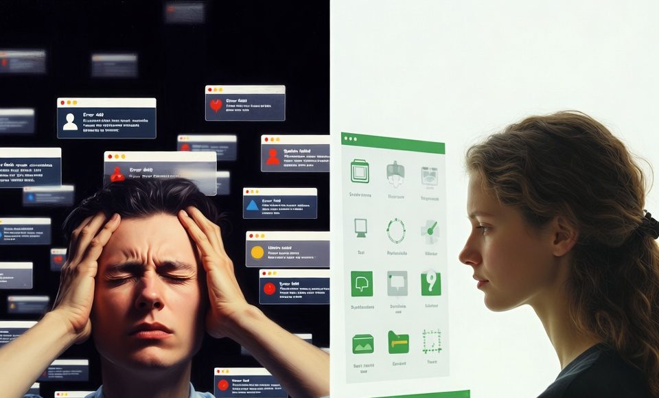 Before/after comparison of notification overload versus organized digital peace