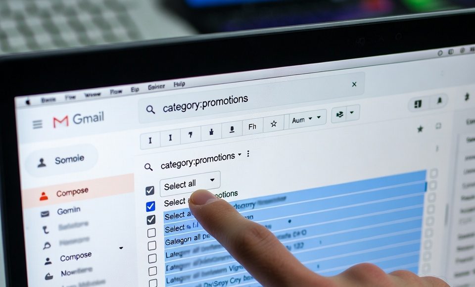 A hand selecting thousands of promotional emails in Gmail using the 'category:promotions' search trick.