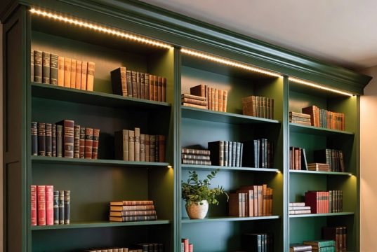 IKEA Hack'leri: Billy Kitaplığınızı Dönüştürmenin 7 Dahiyane Yolu Birden fazla IKEA Billy ünitesinden yapılmış tavandan tabana gömme kitaplık, klasik beyaz taç kalıplama ile koyu zümrüt yeşiline boyanmıştır.