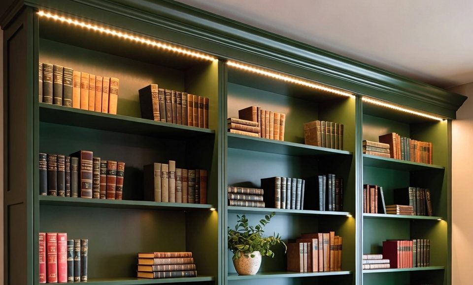 A floor-to-ceiling built-in bookcase made from multiple IKEA Billy units, painted a deep emerald green with classic white crown molding.
