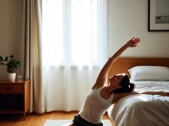 Sırt Ağrısını Hafifleten 5 Dakikalık Sabah Esneme Hareketi (Ekipman Gerektirmez). 🌅 Sakin, güneş ışığıyla aydınlanmış bir yatak odası. Bir kişi yatağının yanındaki kilimin üzerinde hafifçe geriniyor ve sabahın erken saatlerinde pencereden ışık süzülüyor