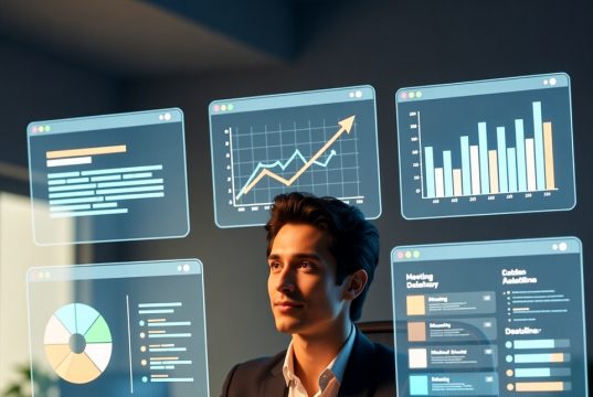 10 podpowiedzi ChatGPT, aby potroić produktywność w pracy. 🚀 Profesjonalista korzystający ze sztucznej inteligencji do jednoczesnego zarządzania wieloma zadaniami, takimi jak e-maile, analizy i planowanie w cyfrowym obszarze roboczym.