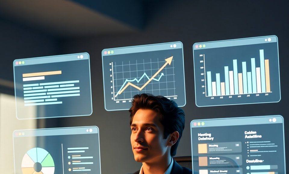 A professional using AI to manage multiple tasks like emails, analytics, and scheduling simultaneously in a digital workspace.