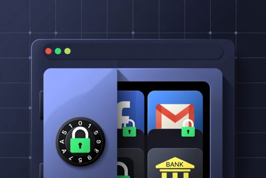 Sua senha é uma piada. 😅 (e como corrigi-la em 5 minutos) Uma representação visual da interface de um gerenciador de senhas com logotipos armazenados com segurança em um cofre.