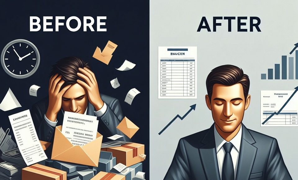 Before and after comparison of financial chaos versus organized savings and peace of mind