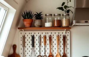 How to Organize a Tiny Kitchen: Space-Saving Hacks That Actually Work. 🏠🔪 A small kitchen wall organized with a pegboard holding kitchen utensils and a floating shelf with decor.