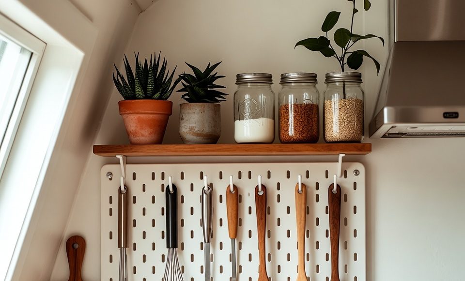 A small kitchen wall organized with a pegboard holding kitchen utensils and a floating shelf with decor.
