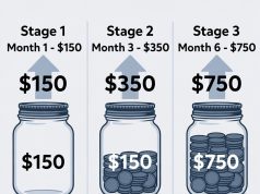 How to Save $500 This Month Without Even Trying (The Round-Up Hack). 💰➡️🛡️ An infographic showing how a savings jar grows over six months using the round-up hack with a multiplier and recurring deposits.