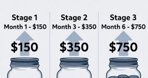 How to Save $500 This Month Without Even Trying (The Round-Up Hack). 💰➡️🛡️ An infographic showing how a savings jar grows over six months using the round-up hack with a multiplier and recurring deposits.
