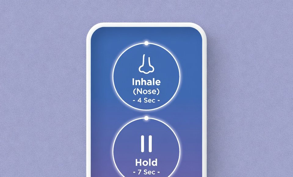 A simple three-step diagram illustrating the 4-7-8 breathing technique: inhale for 4, hold for 7, exhale for 8.