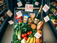 7 Silent Money Leaks That Are Draining Your Wallet Every Month. 🚰💸 An overhead view of a grocery cart showing planned essentials versus expensive, impulsive additions.