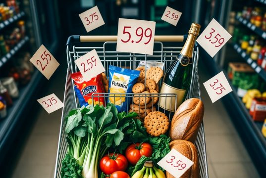 7 Fugas silenciosas de dinero que están vaciando tu cartera cada mes. 🚰💸 Una vista aérea de un carro de la compra que muestra los productos esenciales planificados frente a las adiciones caras e impulsivas.