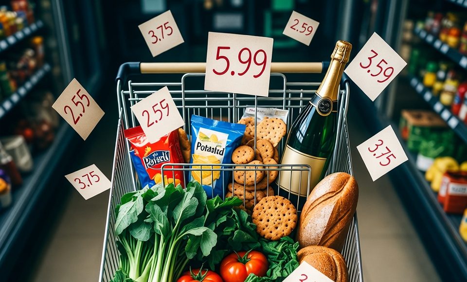 An overhead view of a grocery cart showing planned essentials versus expensive, impulsive additions.