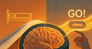 La "Regla de los 5 segundos" para vencer la pereza matutina e impulsar tu día. 🚀 Una representación artística del cerebro activado por la cuenta atrás de 5 segundos para vencer la atracción de la comodidad y la pereza.