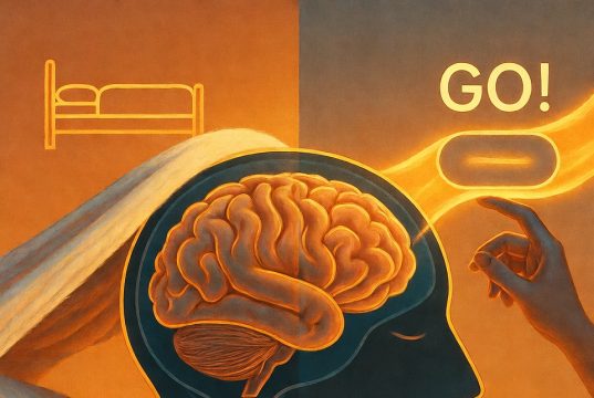 "Pravidlo 5 vteřin", které vám pomůže překonat ranní lenost a zrychlit den. 🚀 Umělecké ztvárnění mozku, který je aktivován pětisekundovým odpočtem, aby překonal tah pohodlnosti a lenosti.