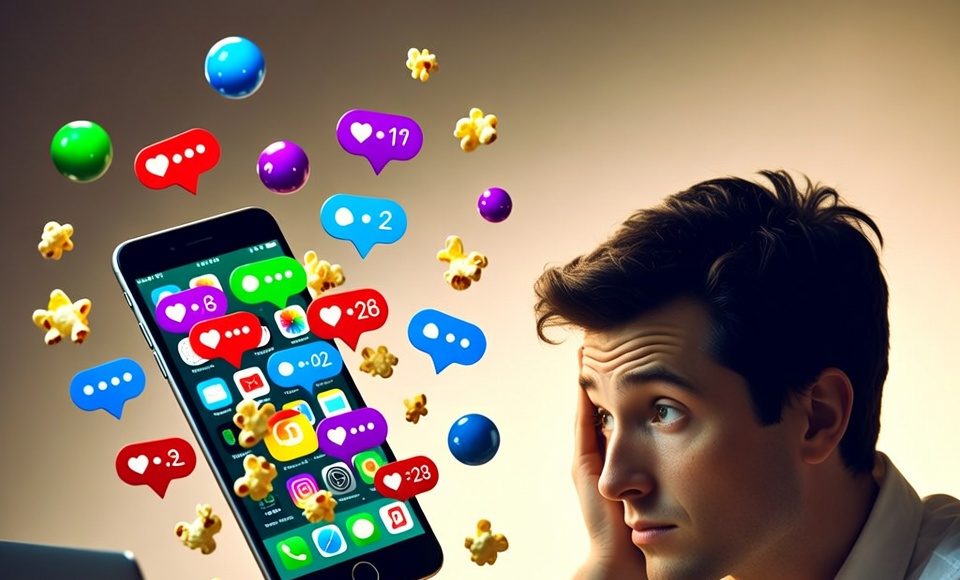 A person overwhelmed by a phone overflowing with chaotic notifications while trying to work.