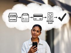 Aplikacje cashback są dobre, ale ta sztuczka z połączonymi ofertami jest genialna. 🧠💰 Pewny siebie kupujący z wizualnym schematem efektywnego gromadzenia cashbacku.