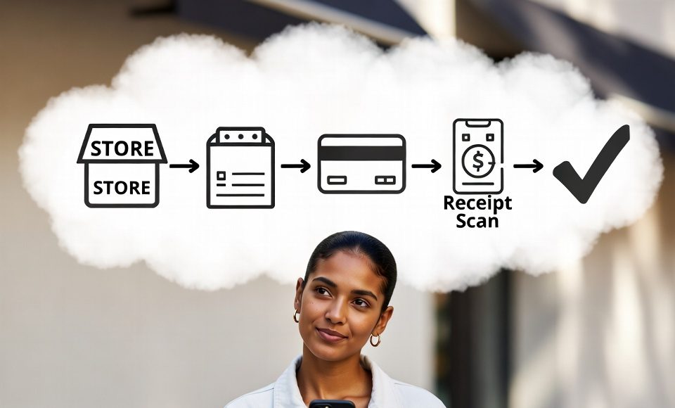 A confident shopper with a visual flowchart of their efficient cashback stacking routine.