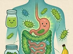 Posílení zdraví střev: 3 denní potraviny pro lepší trávení Přívětivá ilustrace zdravého střevního mikrobiomu, podpořená ikonami kefíru, kvašené zeleniny a banánů.